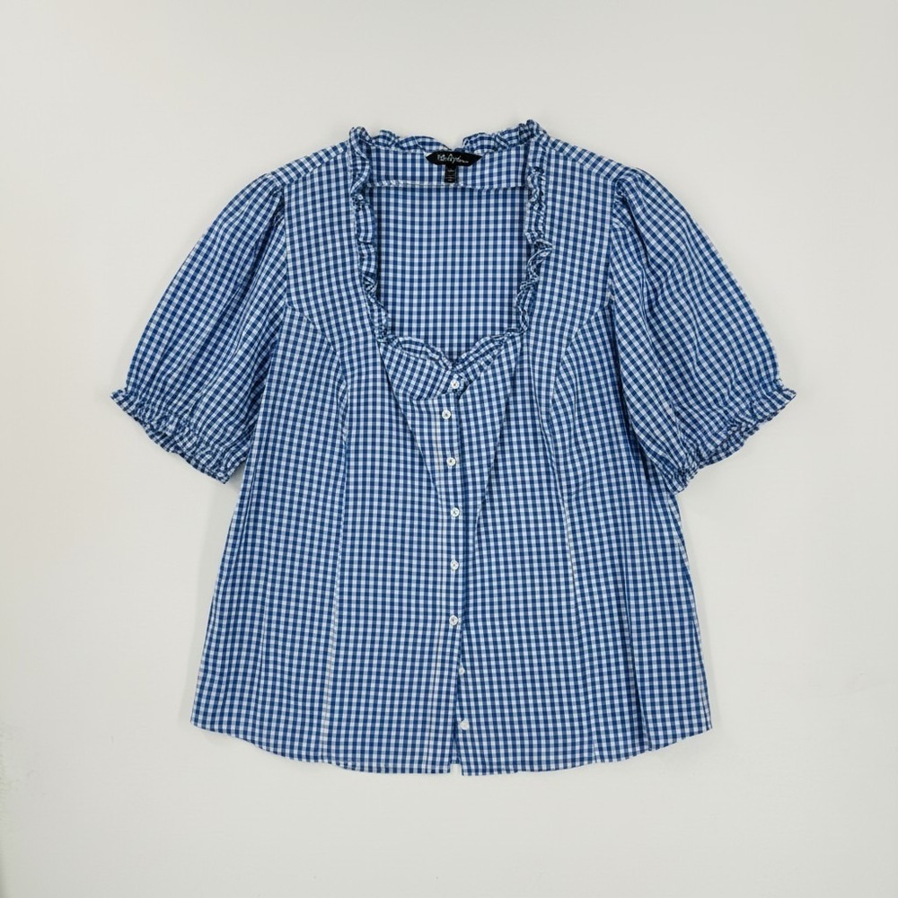 Ulla Popken Gingham Ruffle Neck Button Front Cott… - image 1